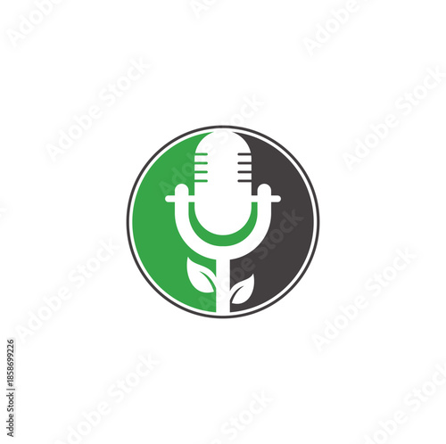 Podcast leaf vector logo design. Podcast talk show logo with mic and leaves.