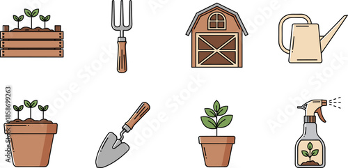 Flat gardening icons set with plants tools barn watering can and spray bottle for home garden illustration design