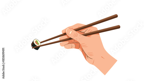 Skilled hand expertly holds a delicious single sushi roll with elegant chopsticks, showcasing traditional Asian cuisine and dining.