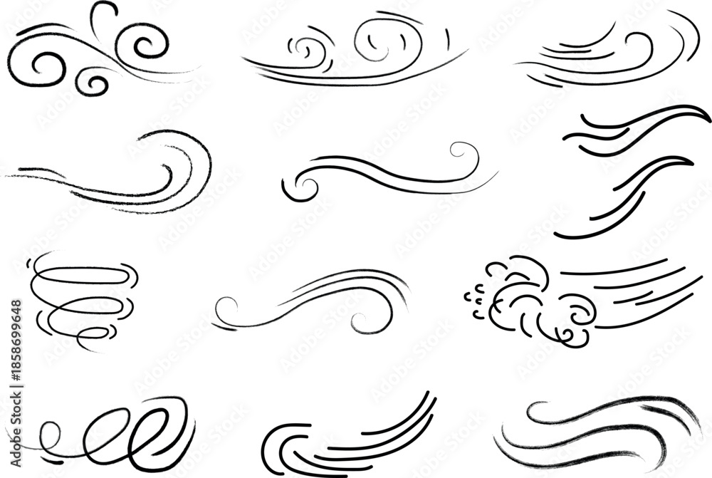 Fototapeta premium Collection of swirling line art designs isolated on a transparent background