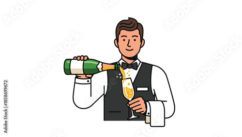 Smiling professional waiter elegantly pours sparkling champagne into a delicate glass, holding the bottle and a clean cloth for service.
