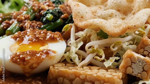 A vibrant and appetizing closeup shot of traditional Indonesian GadoGado featuring a perfectly halved hardboiled egg generously coated in a rich savory peanut sauce alongside fresh green beans crispy.