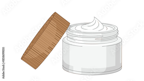 Open jar of luxurious white face cream with a rustic wooden lid, revealing a smooth swirl of moisturizing beauty product.