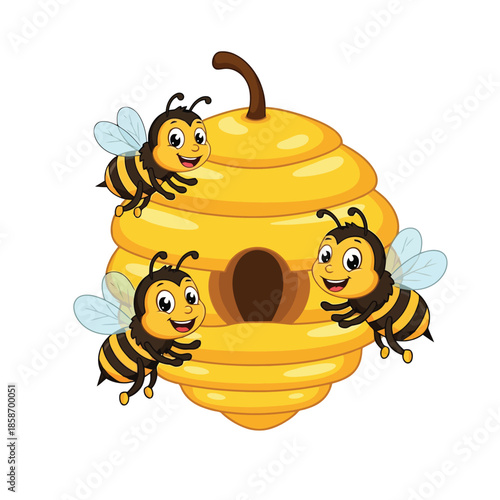 Busy Bees' Sweet Home: A cartoon captures the essence of a hive with charming bees buzzing around their cozy home, a testament to the sweetness of nature.