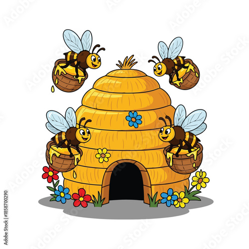 Buzzing Home: A cheerful image of a beehive surrounded by happy bees carrying honey. A harmonious depiction of nature's teamwork and the sweetness of life.