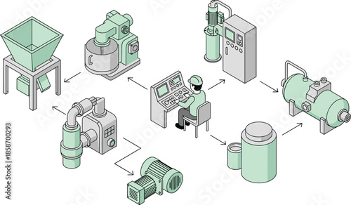 Isometric industrial manufacturing process illustration with factory machinery automation workflow control systems and production equipment diagram technical vector schematic design