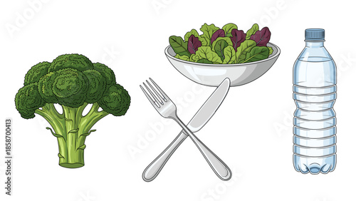 A healthy meal setup with broccoli, salad, utensils, and water on a black background