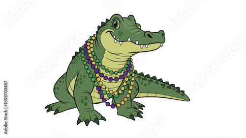 A cartoon alligator wearing colorful beads on a black background for Mardi Gras