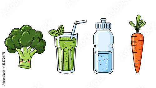 A colorful illustration of healthy food and drink options for a balanced lifestyle