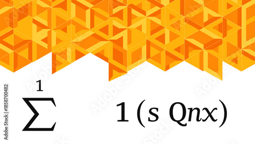 A vibrant geometric pattern of orange cubes on a black background with mathematical symbols