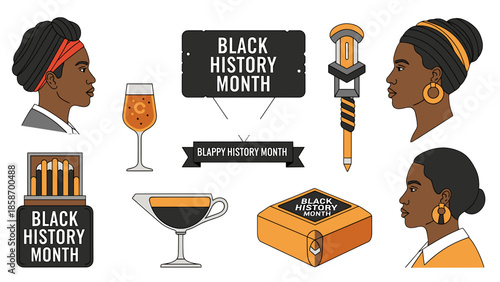 A vibrant illustration celebrating Black History Month with diverse icons and symbols