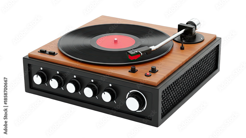 Fototapeta premium Vintage Turntable Playing Vinyl Record on White