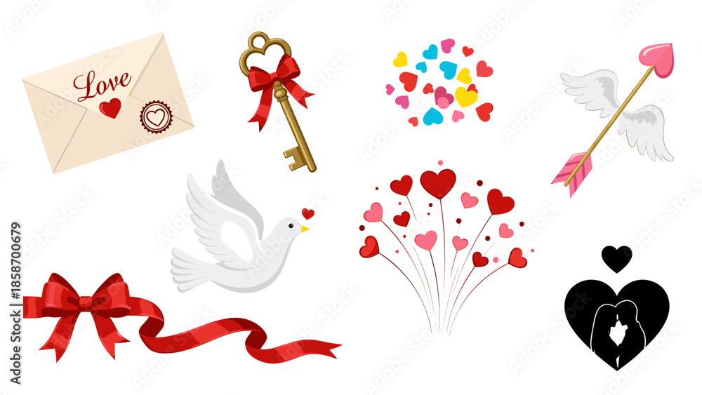 Fototapeta premium A collection of romantic symbols and icons representing love and affection