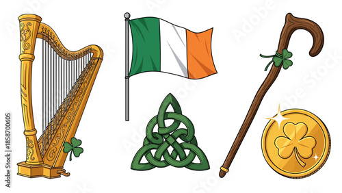 A collection of Irish symbols including a harp, flag, shamrock, and coin