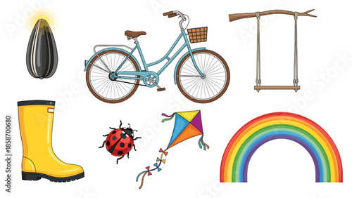 A colorful illustration of various objects including a bicycle and rainbow