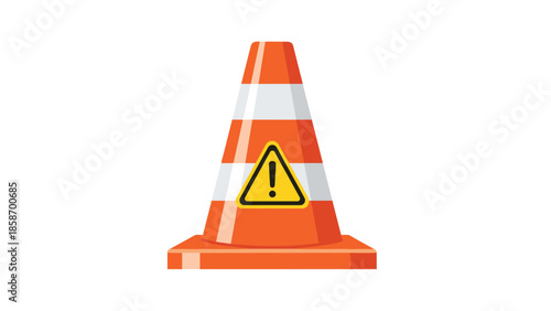 Bright orange and white striped traffic cone featuring a prominent warning triangle, indicating caution or roadwork ahead.