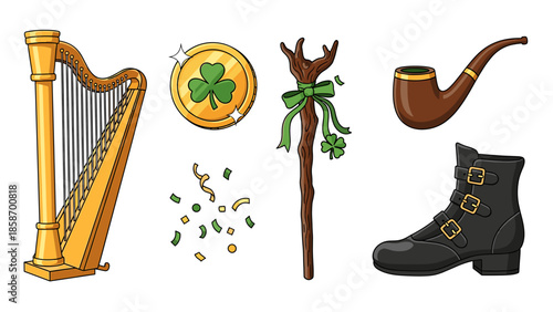 A collection of traditional Irish symbols and objects on a white background