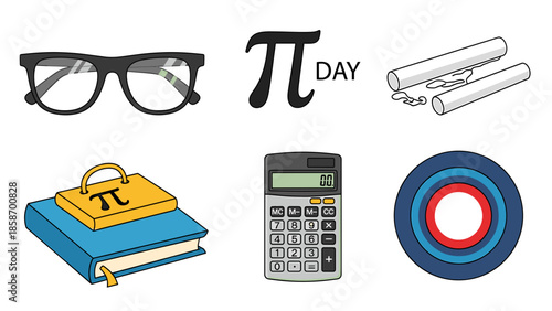 A colorful illustration of Pi Day with mathematical symbols and tools.