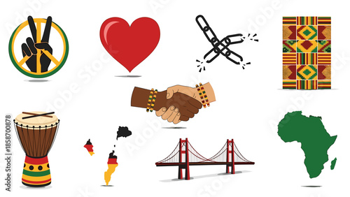 A vibrant collection of African cultural symbols and iconic landmarks on a white background