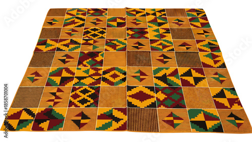 A vibrant patchwork quilt with colorful geometric patterns on a white background