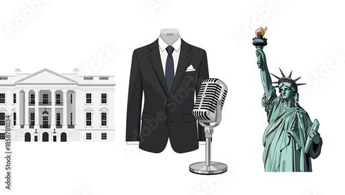 A collage of iconic American symbols including the White House and Statue of Liberty