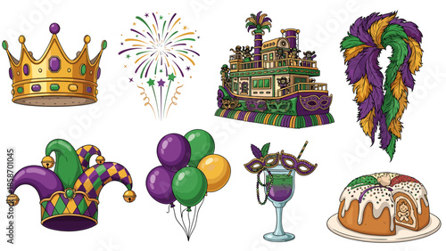 A colorful illustration of Mardi Gras symbols and festive decorations on a white background