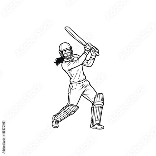 Female cricket player batting action powerful shot sportswoman wearing helmet pads professional athlete line art illustration isolated on white background