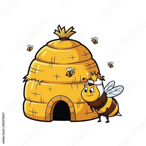 Beehive with Queen Bee: Adorable cartoon illustration showcasing a whimsical scene featuring a detailed beehive alongside a charming queen bee, buzzing around.