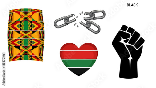 A colorful heart and chain symbol with African pattern on a black background