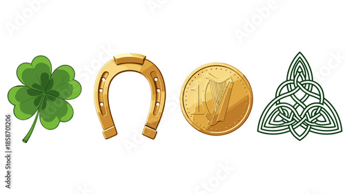 A collection of Irish symbols including a four-leaf clover and gold coin