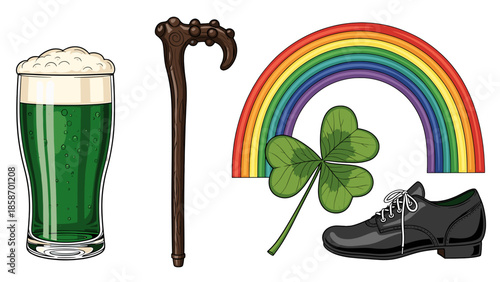 A colorful illustration of St. Patrick's Day symbols on a black background