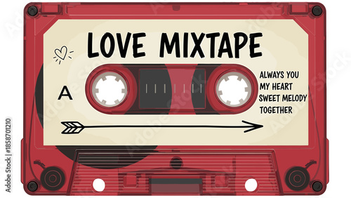 A close-up of a red cassette tape with the words Love Mixtape on it