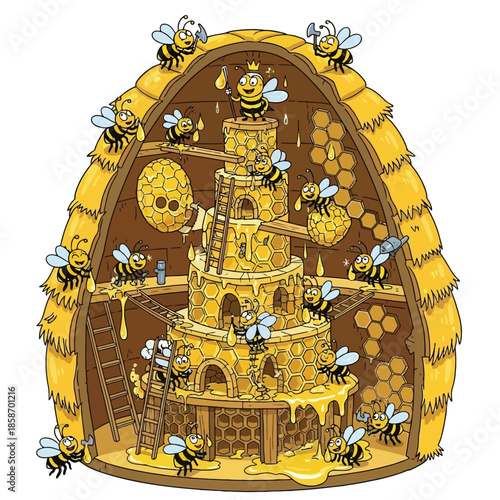 Honeycomb Haven: A meticulously crafted illustration presents a whimsical beehive interior, buzzing with activity as worker bees diligently construct honeycombs within their cozy abode.