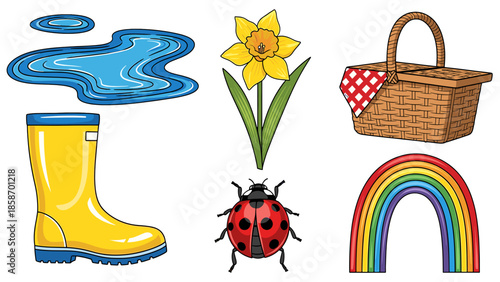 A colorful illustration of a rainy day with a yellow boot, flower, and ladybug