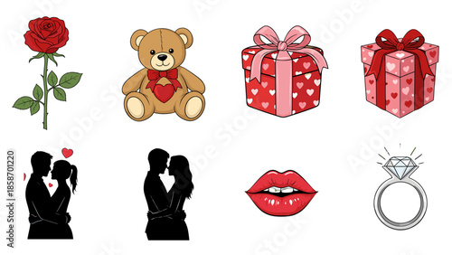 A romantic collection of Valentine's Day symbols on a black background
