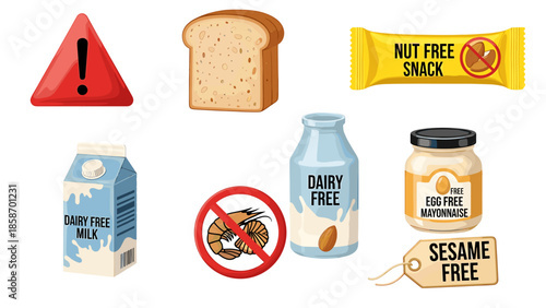 A graphic illustration of food items with warning labels for allergies and dietary restrictions