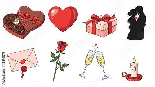A romantic Valentine's Day scene with chocolates and gifts on a black background