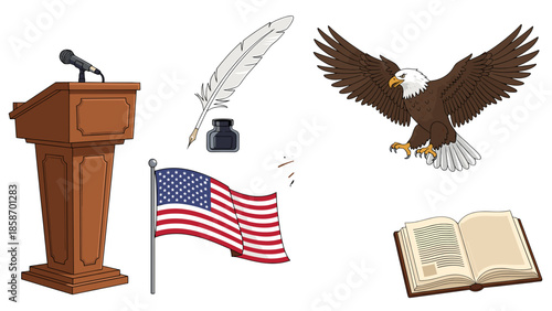 A patriotic illustration featuring American symbols on a black background