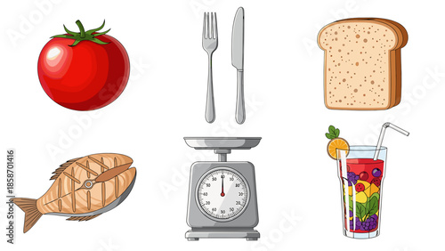 A colorful illustration of healthy food and drink on a black background