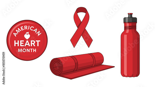 American Heart Month awareness campaign with red ribbon and fitness accessories