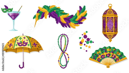 A colorful illustration of Mardi Gras decorations and accessories on a black background