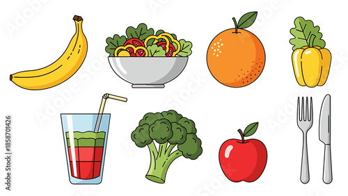 A colorful illustration of healthy food and drink options on a black background