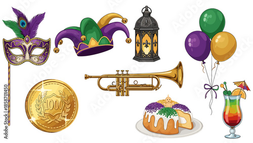 A colorful Mardi Gras celebration with festive decorations and treats