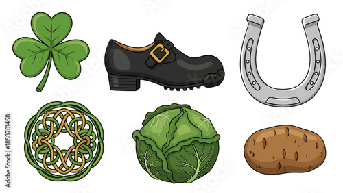 A collection of Irish symbols and food on a black background