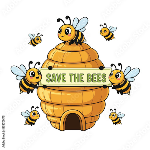 Save the Bees: A delightful cartoon scene where adorable bees, with their vibrant yellow and black stripes, gather around a charming beehive, advocating for the urgent cause.