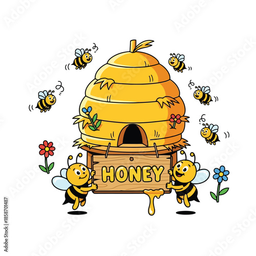 Honeycomb Harmony: A whimsical scene unfolds around a beehive, where cheerful bees buzz with delight, surrounded by vibrant flowers and the promise of sweet honey.