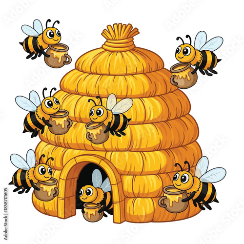 Harmony of the Hive: Cheerful bees swarm around their straw beehive, each diligently carrying a pot of honey. An enchanting illustration for educational content