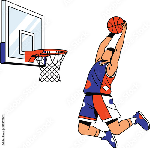 Stylized basketball player mid-air slam dunk with blue-red-white uniform, dynamic pose, and detailed hoop and backboard