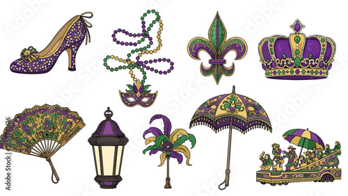 A colorful collection of Mardi Gras decorations and symbols on a black background