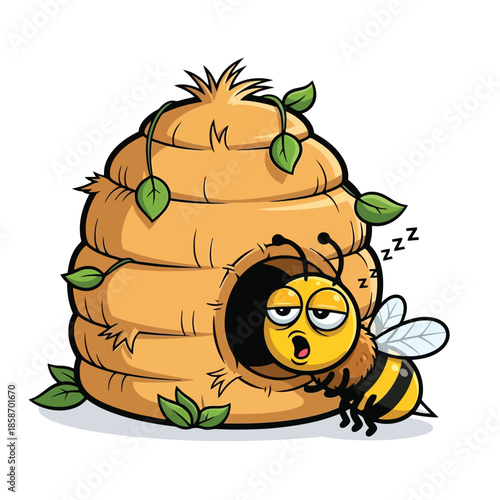 Sleepy Bee and Hive: An adorable, cartoon-style bee, exudes exhaustion as it leans near its cozy hive, a whimsical depiction of a tired insect ready for rest.